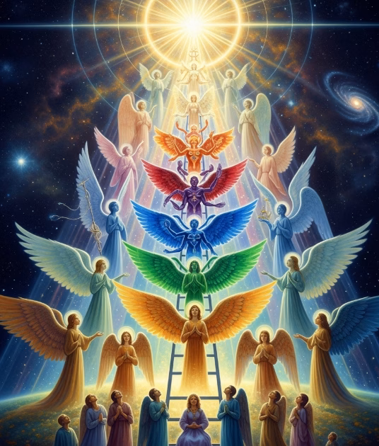 The nine spiritual hierarchies, illustrating the ordered cosmos in which the question of free will is posed.