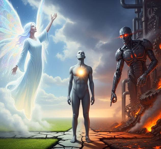 The human being standing between Lucifer and Ahriman, illustrating the unique mission of humanity to exercise free will.