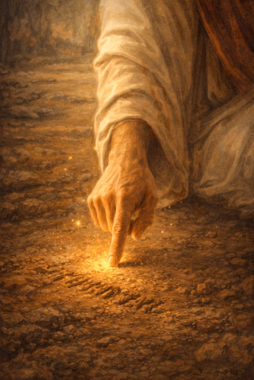 Christ writing on the earth symbolizing the transformation of karma and divine law