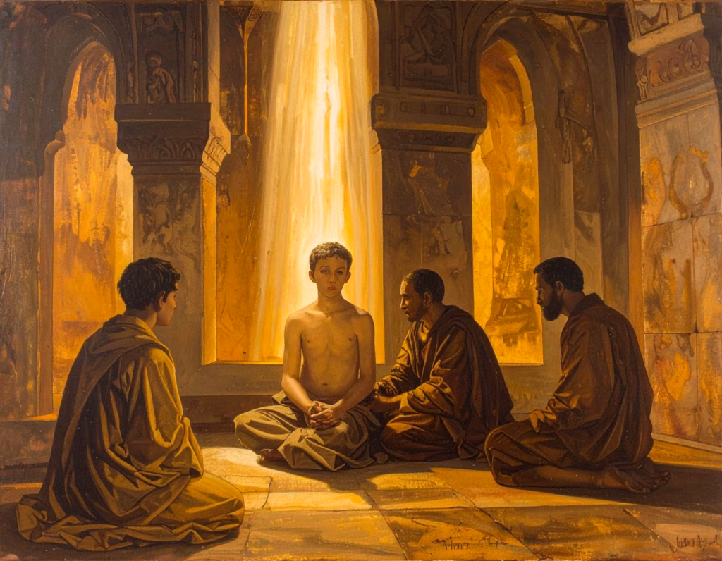 The twelve-year-old Nathan Jesus in the Temple — the moment Rudolf Steiner describes as the Buddha's gift of wisdom to the vessel of the Christ