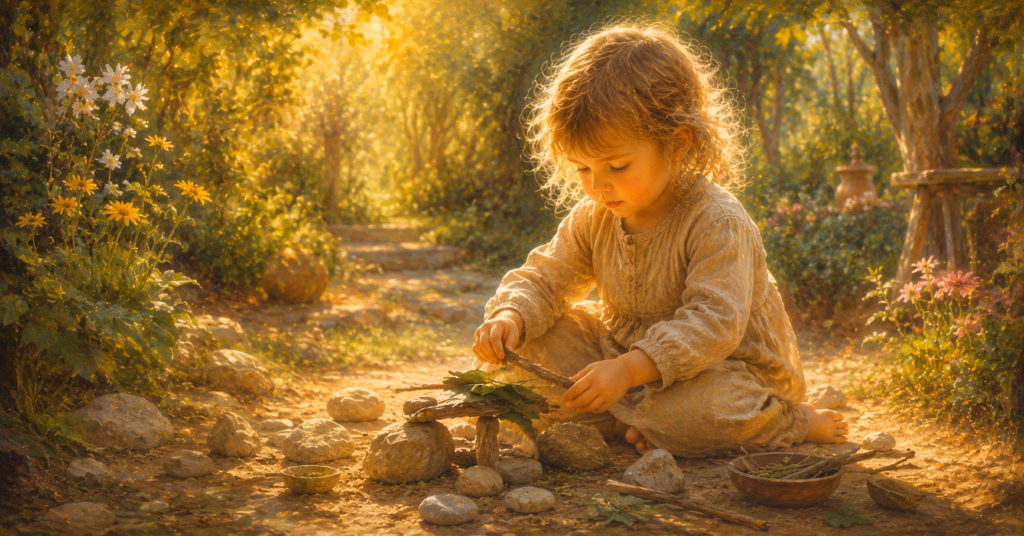 The child in the first seven years as described by Rudolf Steiner — a spiritual being descending from the spiritual world, making the physical body its own through free, purposeful, self-directed play