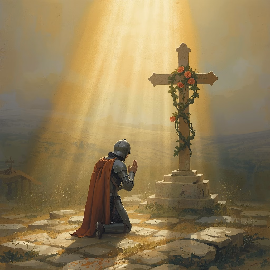 A kneeling knight prays before a rose-entwined cross bathed in golden light, symbolizing the Templars' inner devotion to the Mystery of Golgotha.