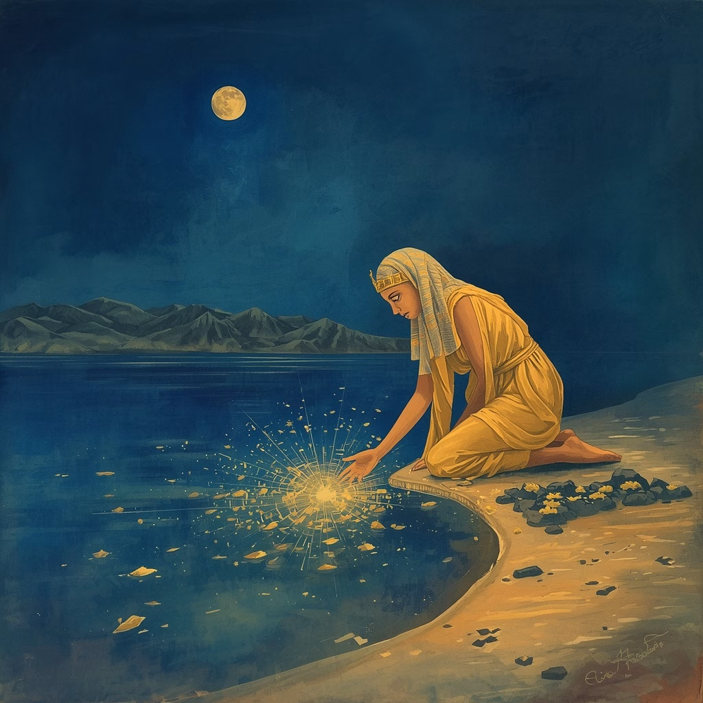 A golden-robed goddess kneels at a riverbank gathering scattered fragments of light beneath a crescent moon, symbolizing Isis gathering the dismembered body of Osiris.
