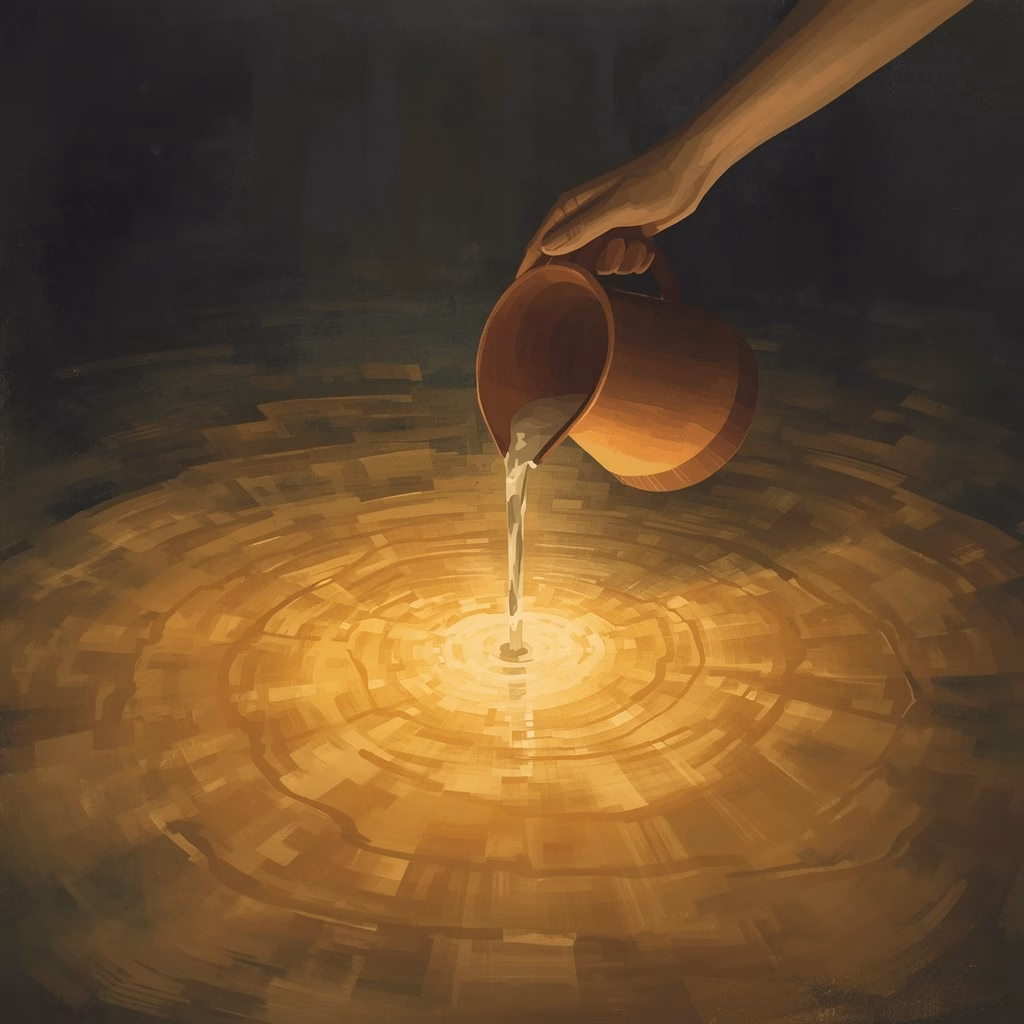 A clay pitcher dipped into a vast glowing pond, water and pond rendered in the same continuous light, illustrating Steiner's image of intelligence gathered rather than produced by the brain.