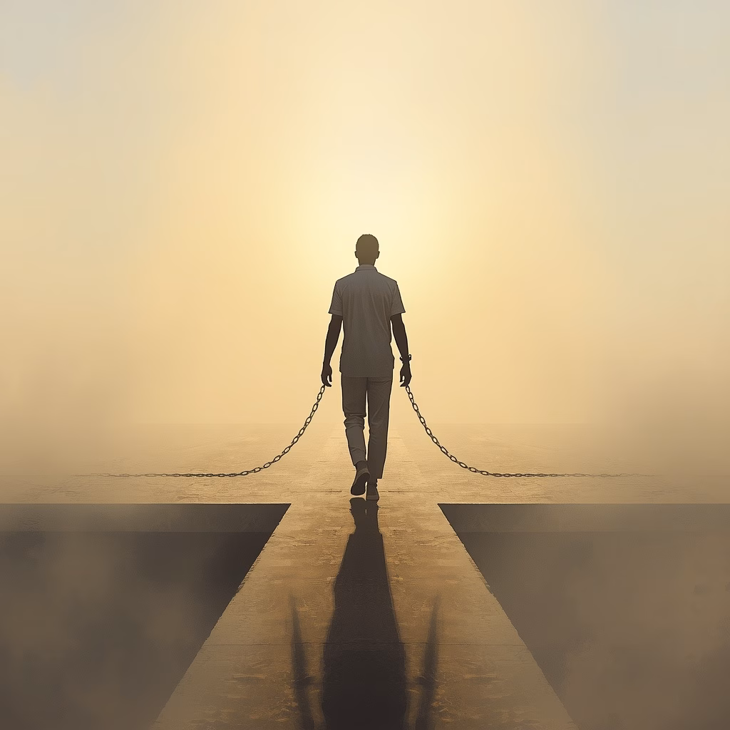 A figure at a crossroads in soft dawn light takes a step forward as faint translucent chains dissolve from their wrists, illustrating freedom as something achieved rather than simply given.