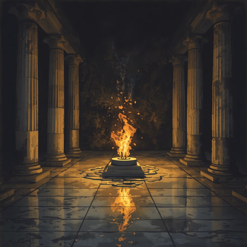 A single steady flame burns at the center of a dark ancient temple, its light reflecting across still water on the floor, illustrating Heraclitus's fire as both physical element and symbol of eternal spirit.